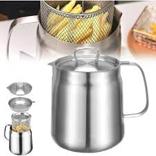 68oz 304 Stainless Steel Deep Fryer Pot with Basket & Strainer, Large Capacity Bacon Grease Container for Kitchen,Frying, Cooking, Camping,Oil Filter Container - Dishwasher Safe (68oz/2L/2.1Qt)