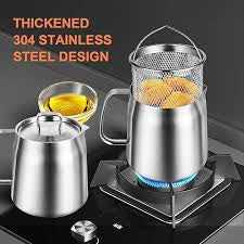 68oz 304 Stainless Steel Deep Fryer Pot with Basket & Strainer, Large Capacity Bacon Grease Container for Kitchen,Frying, Cooking, Camping,Oil Filter Container - Dishwasher Safe (68oz/2L/2.1Qt)