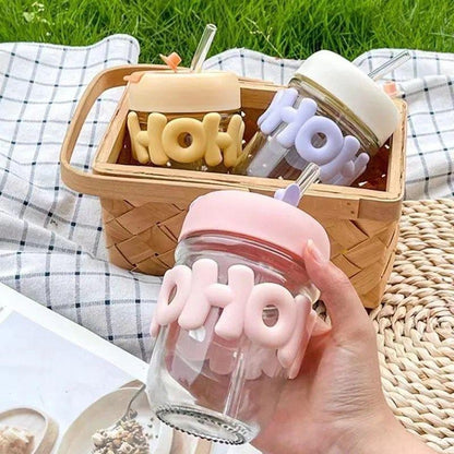 Reusable Glass Coffee Mugs with Lid&Straw Pack of 1,Drinking Glasses Tumbler with Pearl Chain Belt&Sleeve Double Drink Straw Sipper for Juice Smoothies Cocktail Home&Travel (Oho),400 Ml