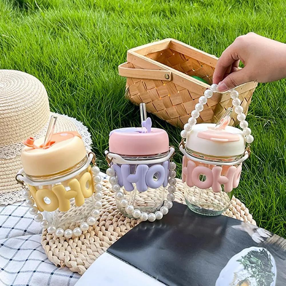 Reusable Glass Coffee Mugs with Lid&Straw Pack of 1,Drinking Glasses Tumbler with Pearl Chain Belt&Sleeve Double Drink Straw Sipper for Juice Smoothies Cocktail Home&Travel (Oho),400 Ml