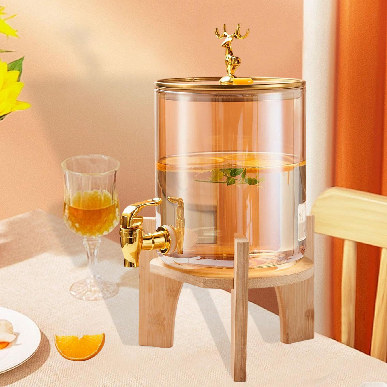 GoldenDeer Glass Dispenser with Airtight Lid and Bamboo Stand 2.6 L