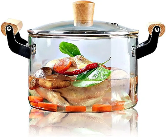 2.5LClear Glass Pot for Cooking on Stove, Big Glass Cooking Pot with Wooden Handle, Saucepan Cooking Pot, Heat-resistant Glass Stovetop Pot