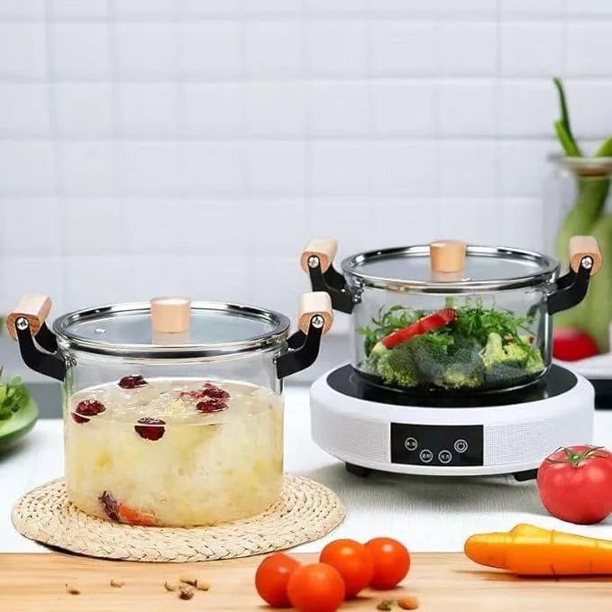 2.5LClear Glass Pot for Cooking on Stove, Big Glass Cooking Pot with Wooden Handle, Saucepan Cooking Pot, Heat-resistant Glass Stovetop Pot