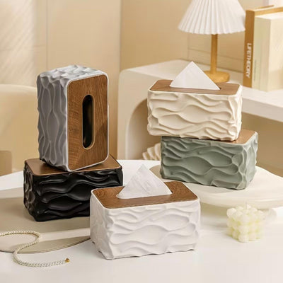 Wave Pattern Tissue Box Wooden Lid (Random Color)