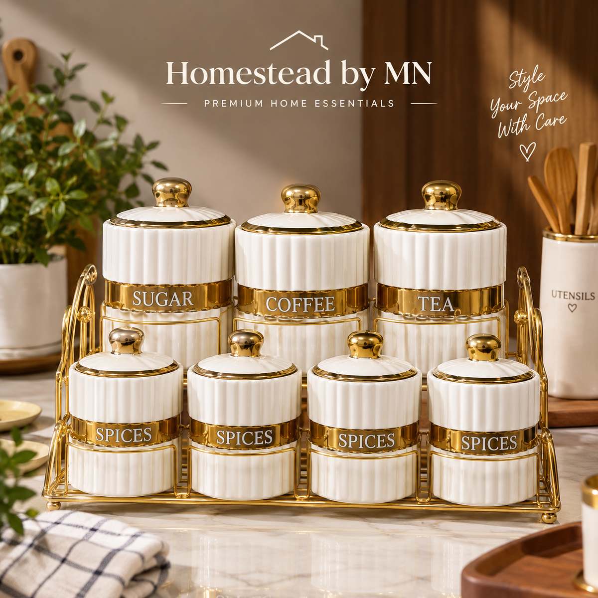 Premium White & Gold Kitchen Canister Set