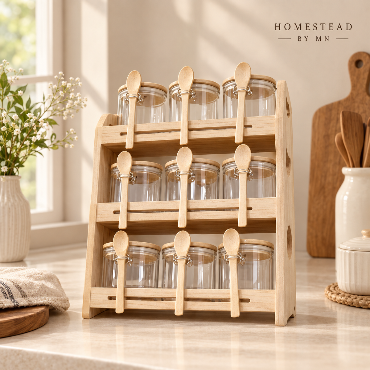 3 Tier Bamboo Spice Rack with 9 Glass Spice Jars, 440ml Airtight Containers with Bamboo Lids & Spoons, Wooden Masala Stand for Kitchen Counter Storage, Herbs & Seasonings