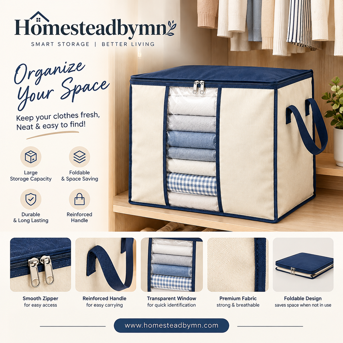 Large Storage Bags, Pack Clothes Storage Bins Foldable Closet Organizers Storage Containers with Reinforced Handle for Clothing